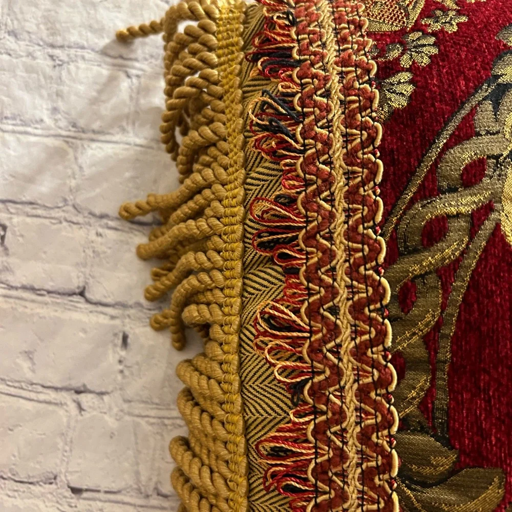 CROSCILL HOME EMBROIDERED RAYON BLEND BURGUNDY/OLIVE& GOLD TASSELS ACCENT PILLOW - Picture 7 of 10